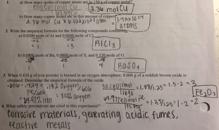 Moles and chemical formulas lab report answers