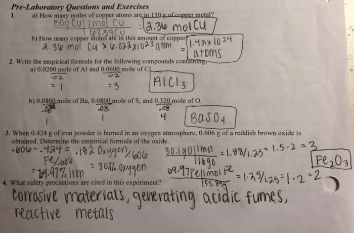 Moles and chemical formulas lab report answers