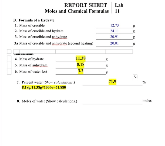 Moles and chemical formulas lab report answers