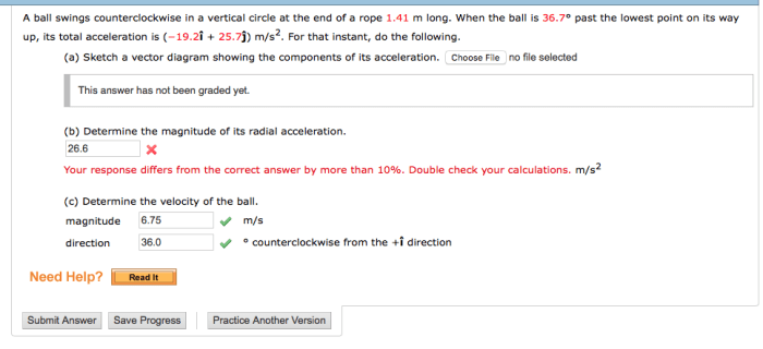 A ball swings counterclockwise in a vertical circle